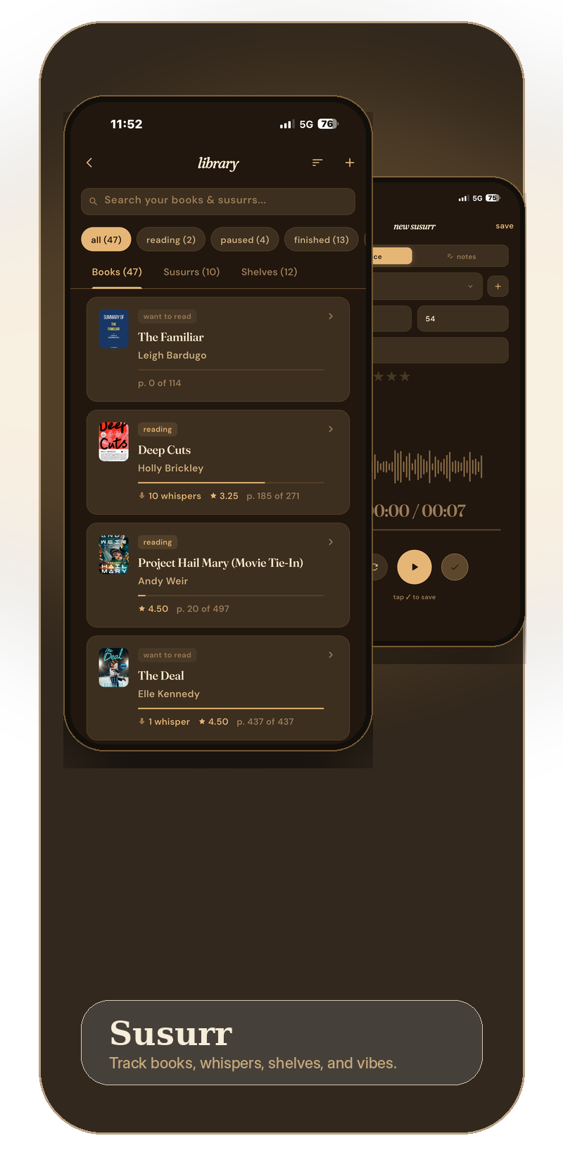 Susurr app showing the reading library and voice reflections