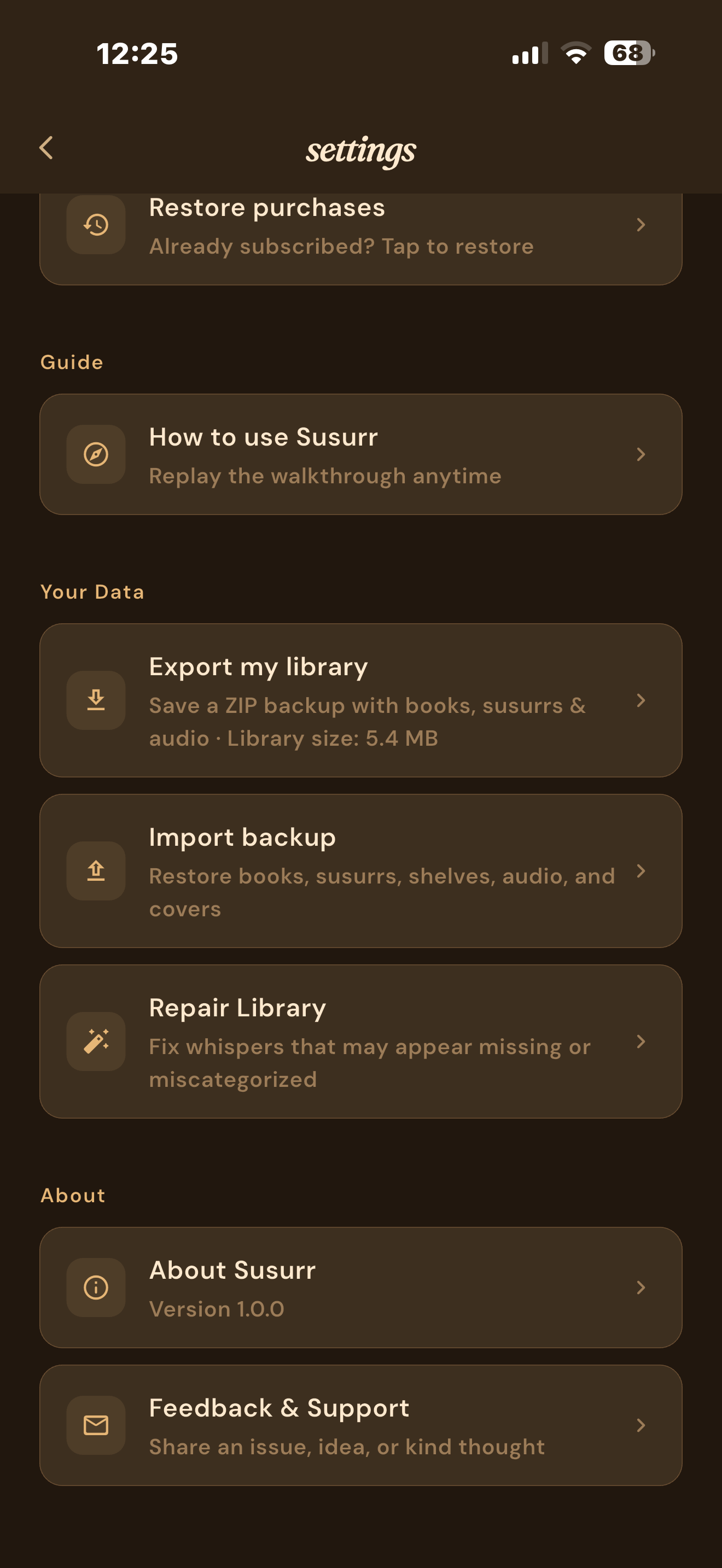 Susurr settings screen showing export, import, and repair library options