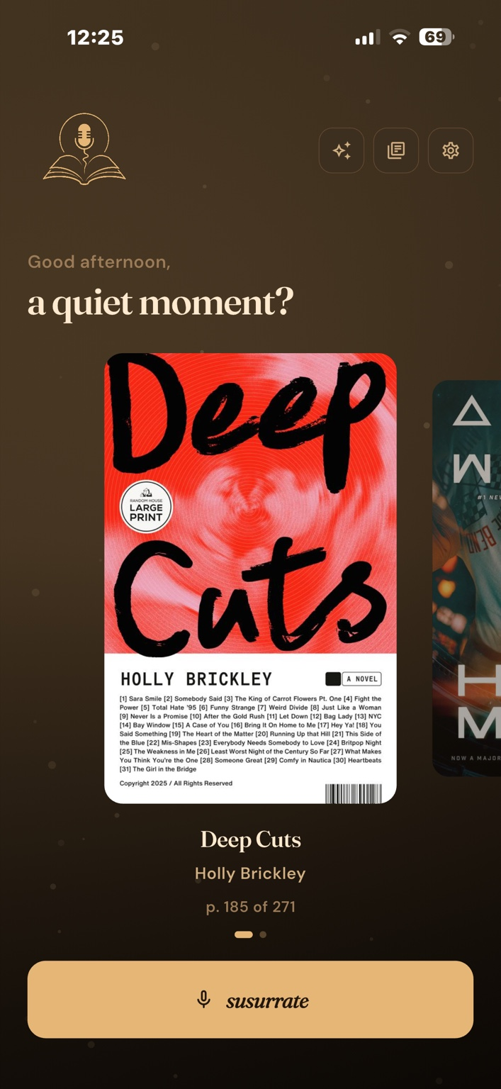 Susurr home screen with a featured book and susurrate button