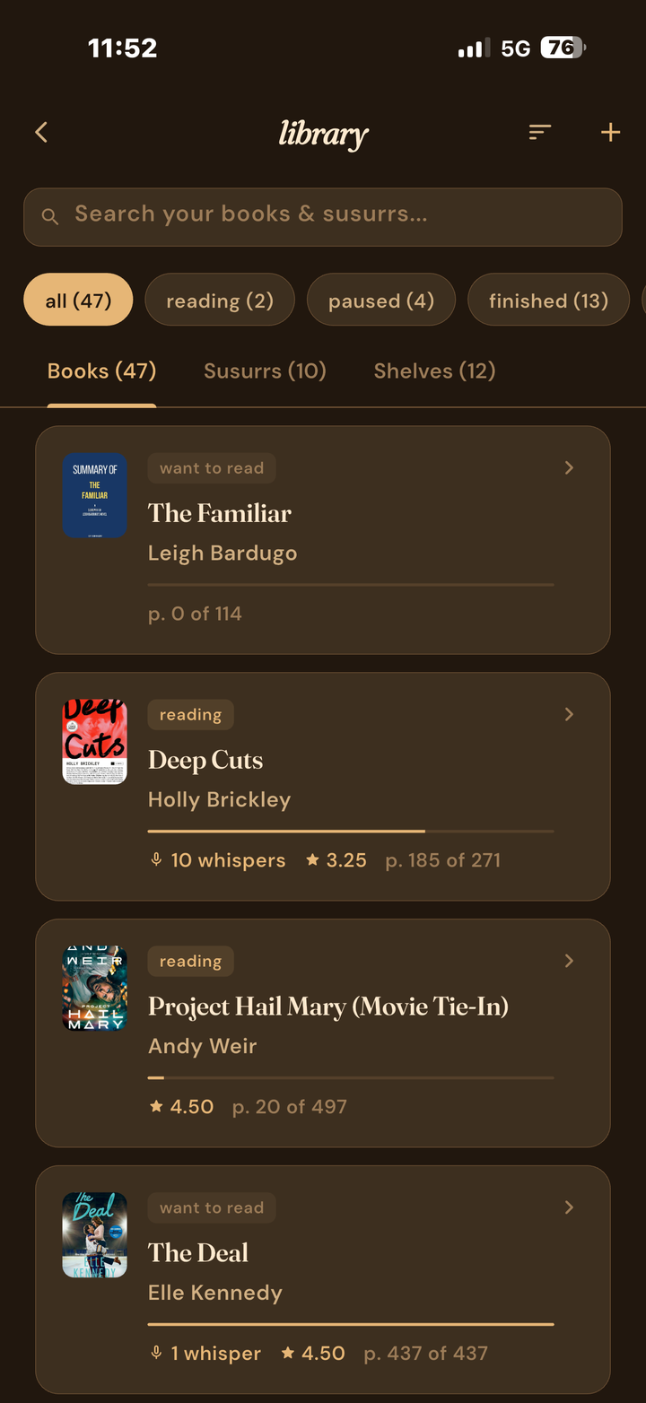 Susurr library screen showing saved books and reading progress