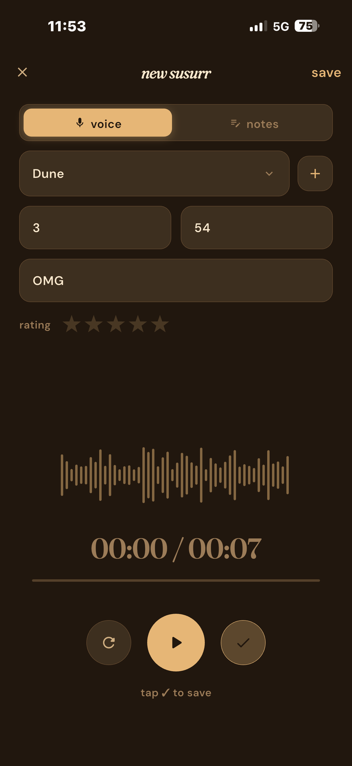 Susurr voice reflection screen with voice and notes options